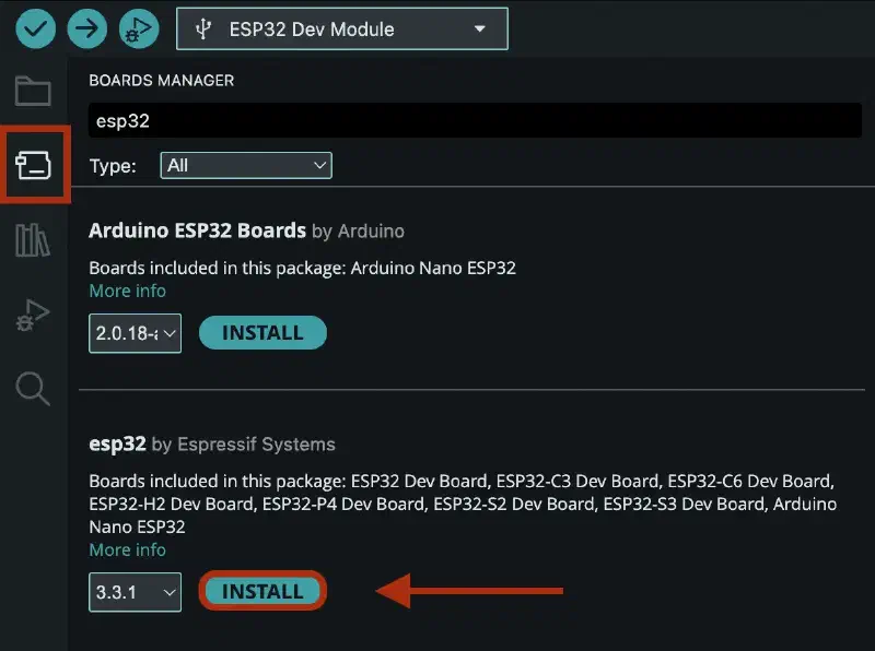 Installing esp32