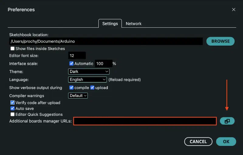 Arduino IDE preferences window