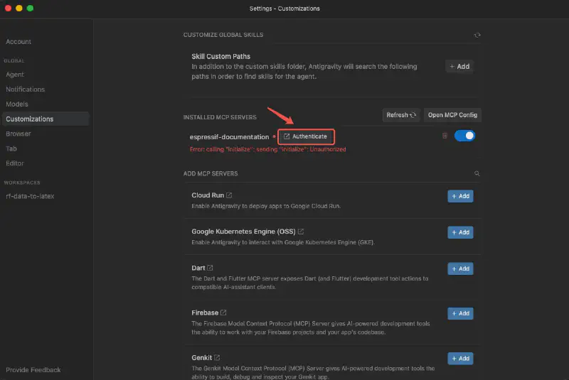 Authentication in Settings - Customizations