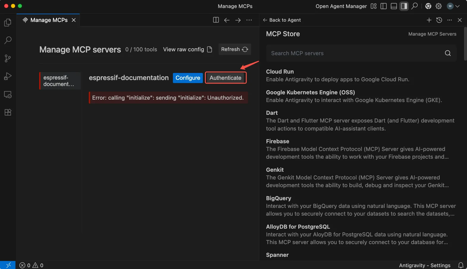 Authenticate in Manage MCP servers