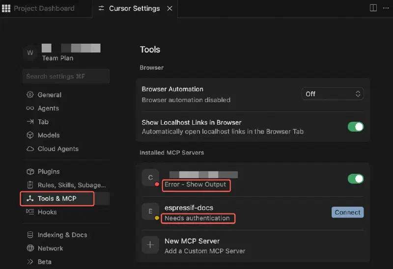 MCP server status in Cursor