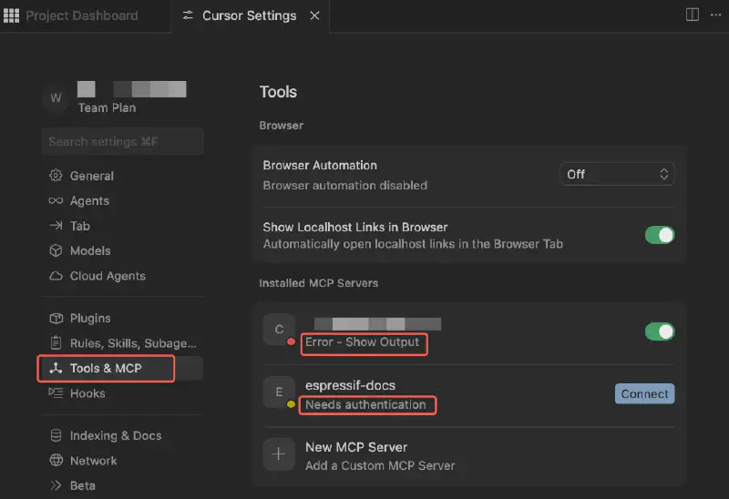 MCP server status in Cursor