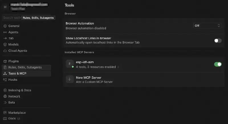 Cursor MCP settings showing the esp-idf-eim server added successfully