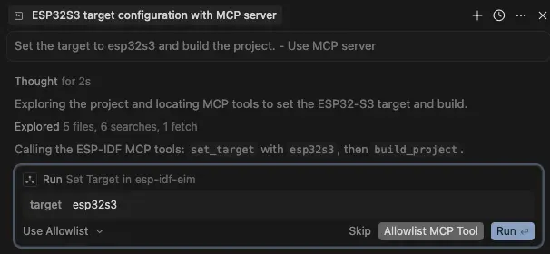 Cursor AI chat showing MCP server tool calls and build result