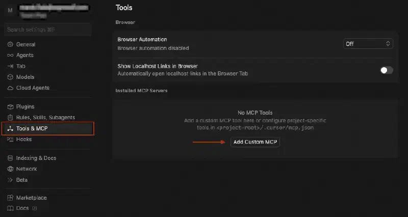 Cursor MCP settings with the Add custom MCP server button highlighted