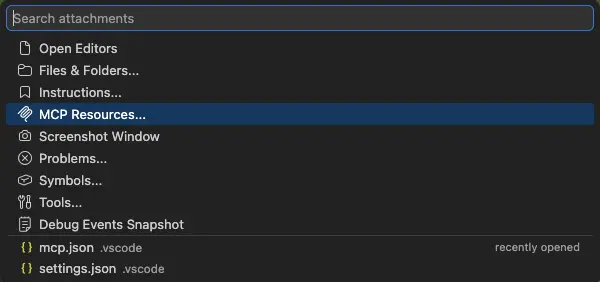 VS Code chat context menu showing the MCP Resources option