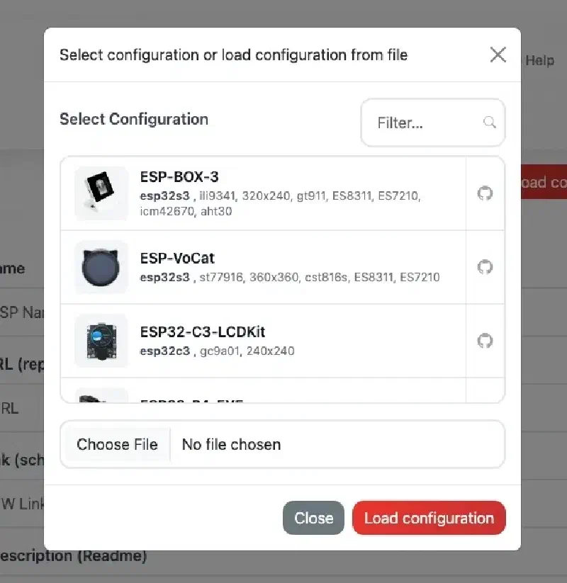 Load configuration — pick a starter board (ESP-BOX-3, ESP32-C3-LCDKit, …)
