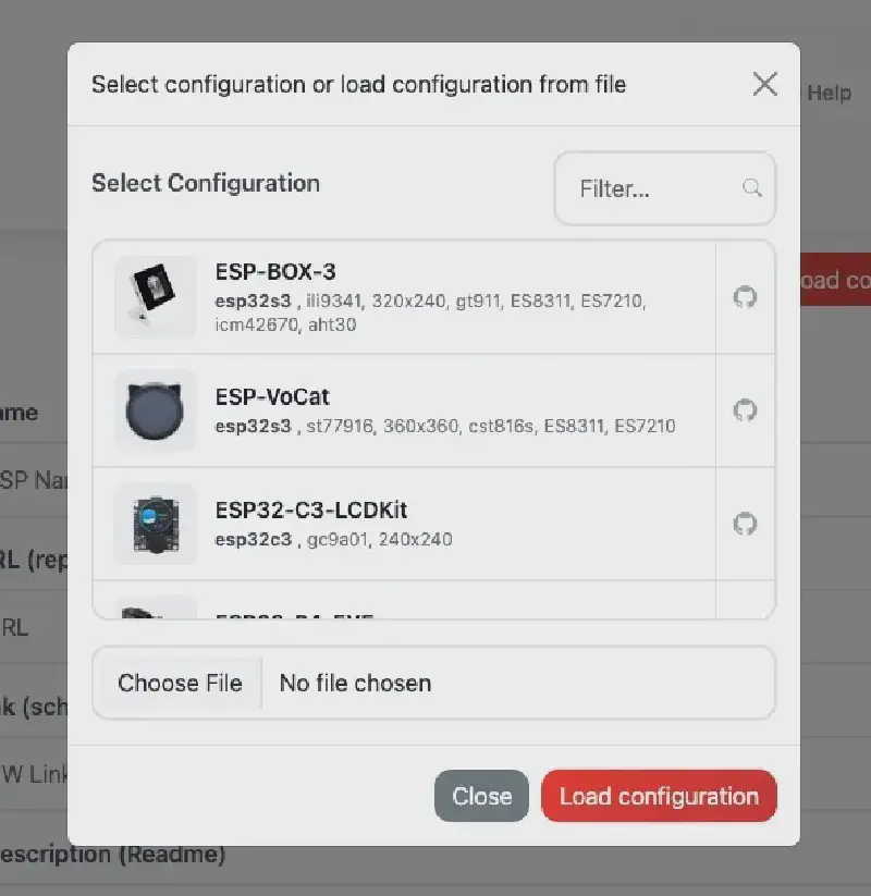 Load configuration — pick a starter board (ESP-BOX-3, ESP32-C3-LCDKit, …)