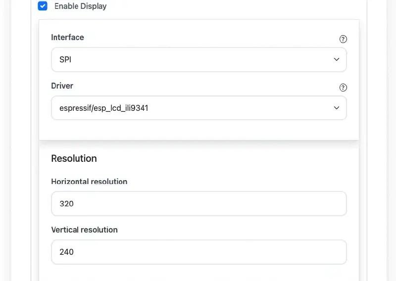Display feature tab — resolution, driver, pins, and LVGL options