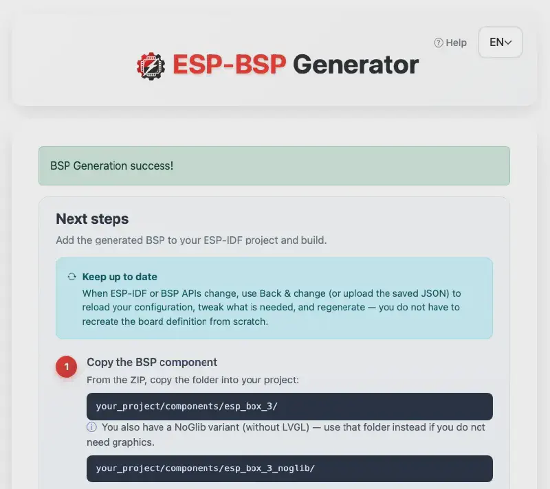 Generation success - next steps, file list, and Download ZIP