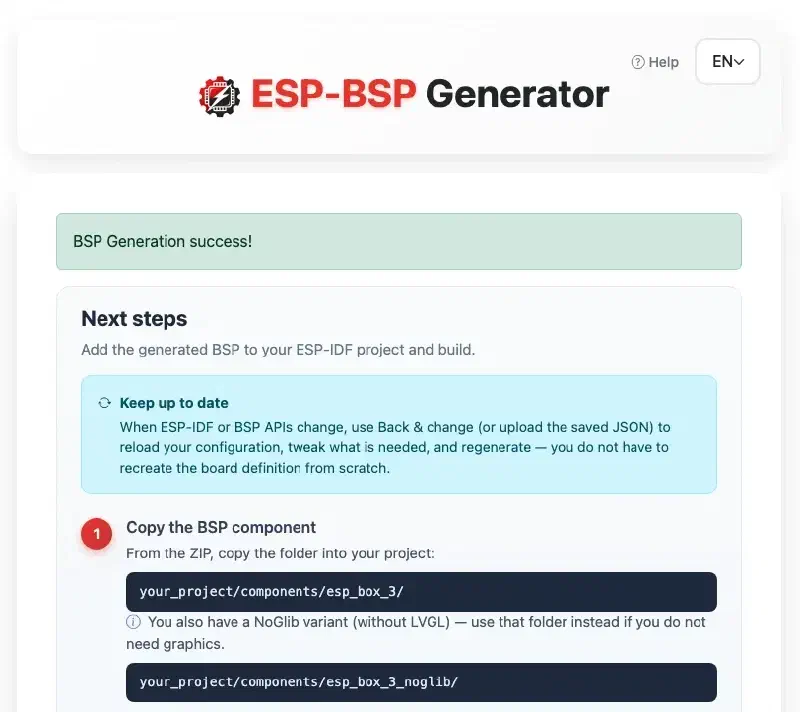 Generation success - next steps, file list, and Download ZIP