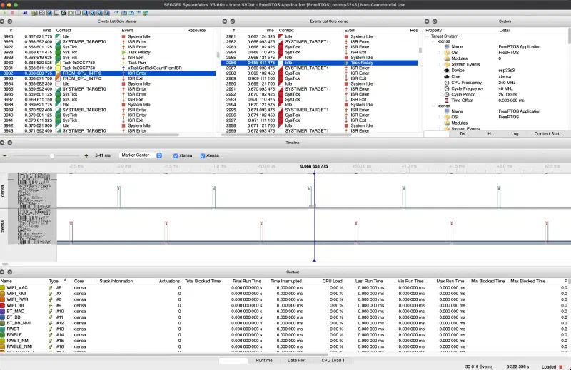 SystemView showing a captured ESP-IDF trace