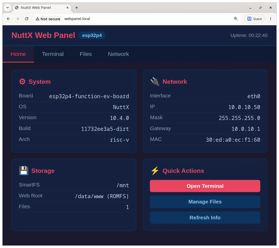NuttX Web Panel home page with system, network, storage, and quick actions