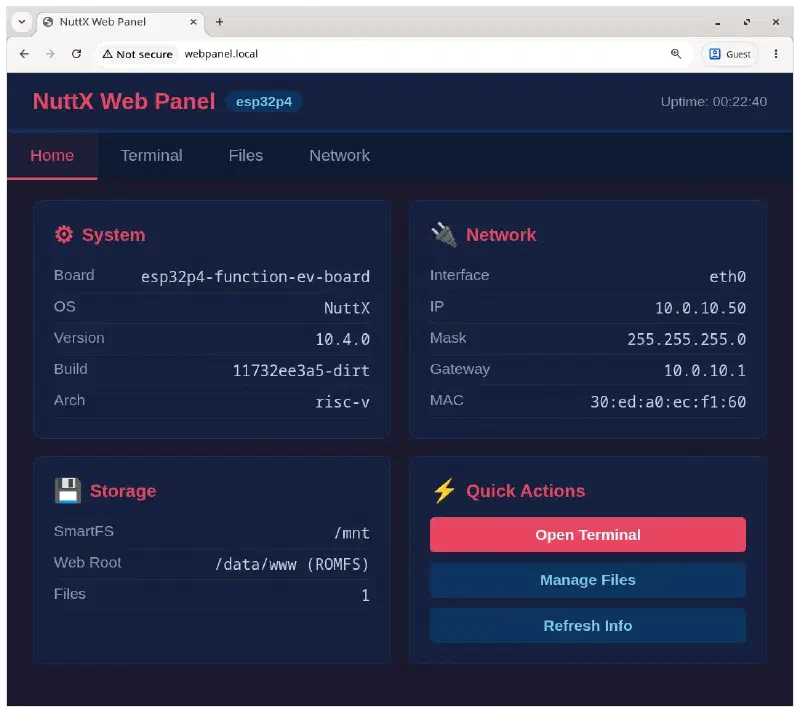 NuttX Web Panel home page with system, network, storage, and quick actions