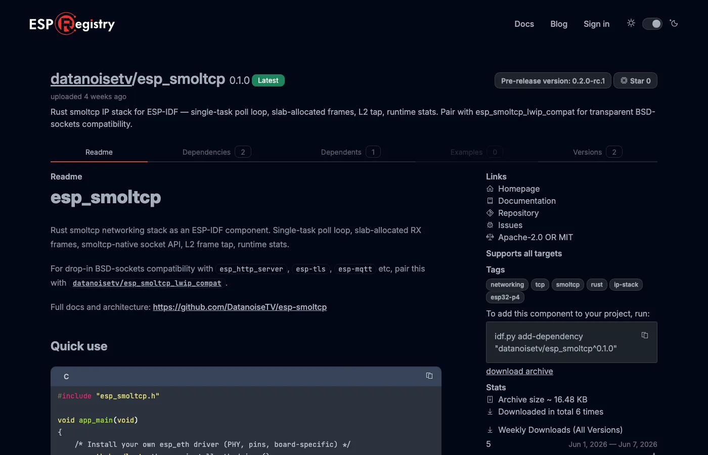 The esp_smoltcp component on the ESP Component Registry