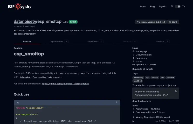 The esp_smoltcp component on the ESP Component Registry