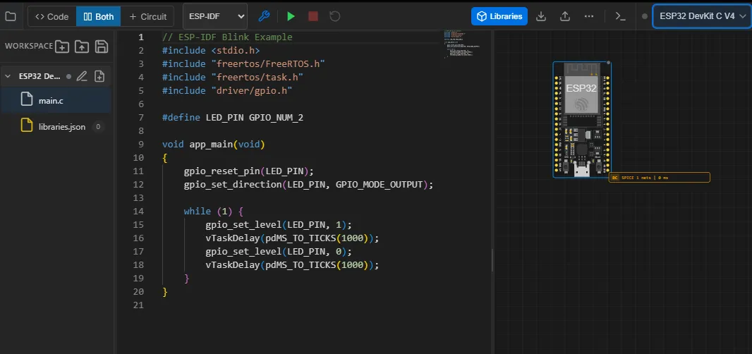 Velxio toolbar with the language dropdown set to ESP-IDF and a FreeRTOS blink example on the ESP32 DevKit C V4