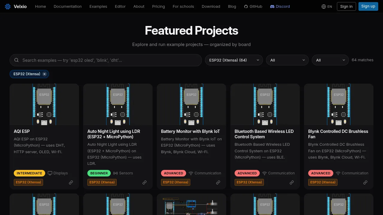 Velxio examples gallery filtered to ESP32 projects, plus ESP32-CAM and ESP32-C3 categories