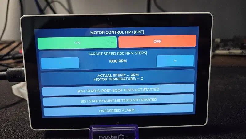 BIST HMI running on the M5Stack Tab5 touchscreen, showing motor speed, temperature, and BIST status