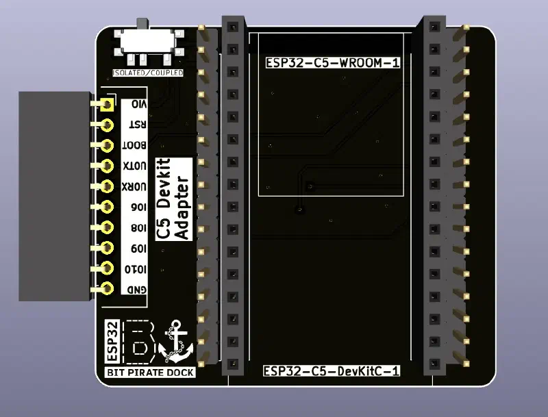 The C5 devkit adapter, with an ESP32-C5-DevKitC-1 seated
