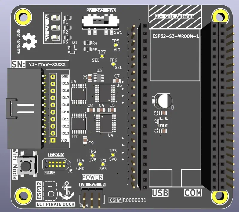Render of the ESP32-Bit-Pirate-Dock with a dev kit seated