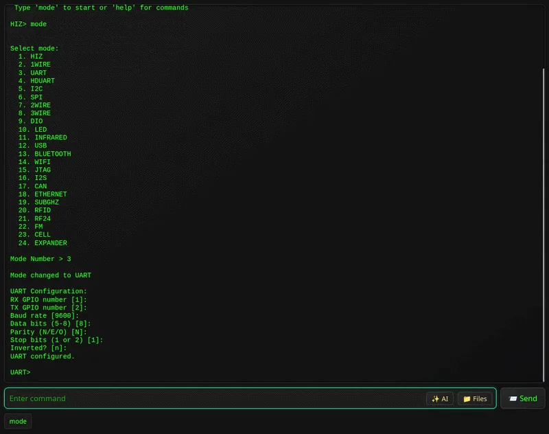Selecting UART from the mode list and configuring the bus in the ESP32 Bit Pirate web CLI