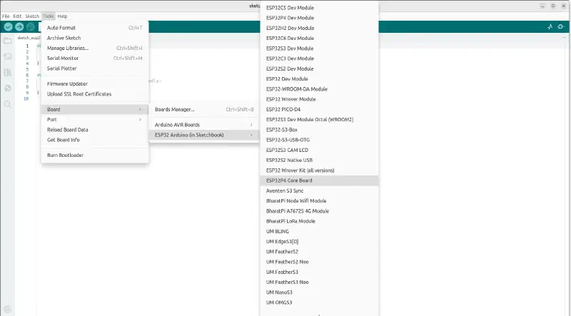 Select ESP32P4 Core Board in Arduino IDE