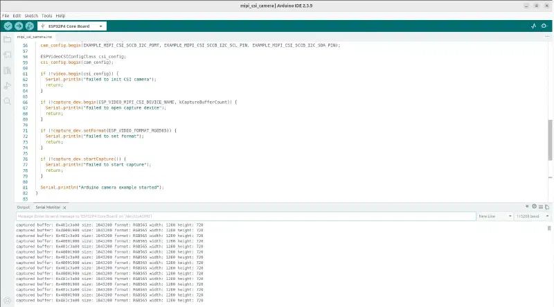 Serial Monitor showing ESP_Video capture log lines