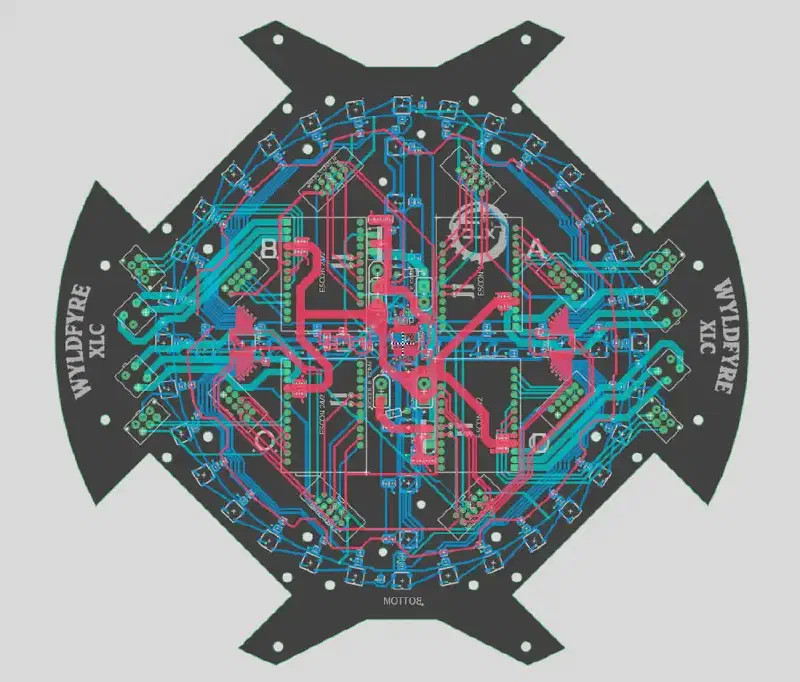 Fusion 360 layout view of the bottom PCB: a four-lobed board with a dense ring of sensor and LED footprints around the perimeter, four motor cut-outs labelled A, B, C and D, four ESCON 24/2 driver outlines, and WYLDFYRE XLC on the silkscreen