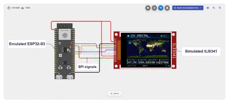 Cirkit Designer's running ISS tracker, annotated to identify the emulated ESP32-S3, SPI signals, and simulated ILI9341 display showing the map and telemetry